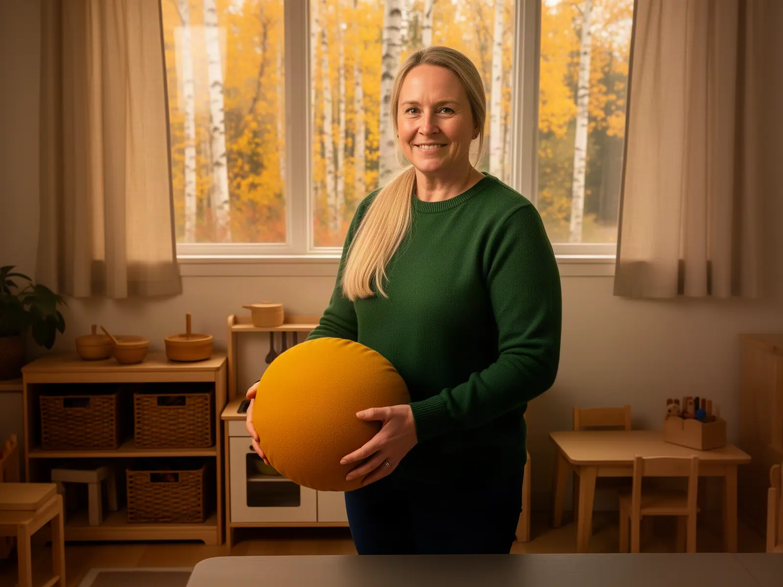 A smiling child-care owner holding a yellow floor cushion in a warm reading corner before opening.